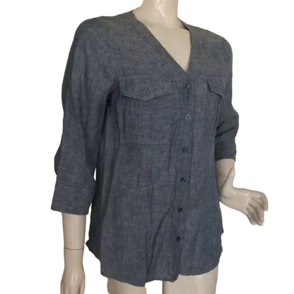 ORVIS Top, M, Chambray Linen, Button front/No collar, 3/4 sleeves, 2 pockets - Picture 2 of 12